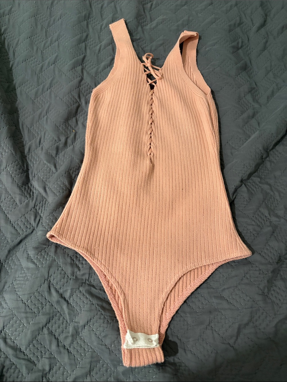 debut Ribbed Lace-Up One-Piece Bodysuit in Dusty Pink